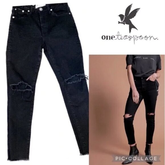 ONE TEASPOON Freebirds Ii High Waist Stretch Black 2 knee-rips Fit Leg R 26 US4 - Picture 5 of 16